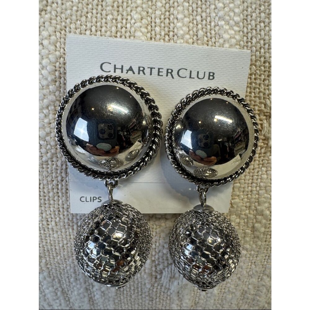 0080-Charter Club Shiny‎ Silver Clip-On Dome & Mesh Drop Earrings